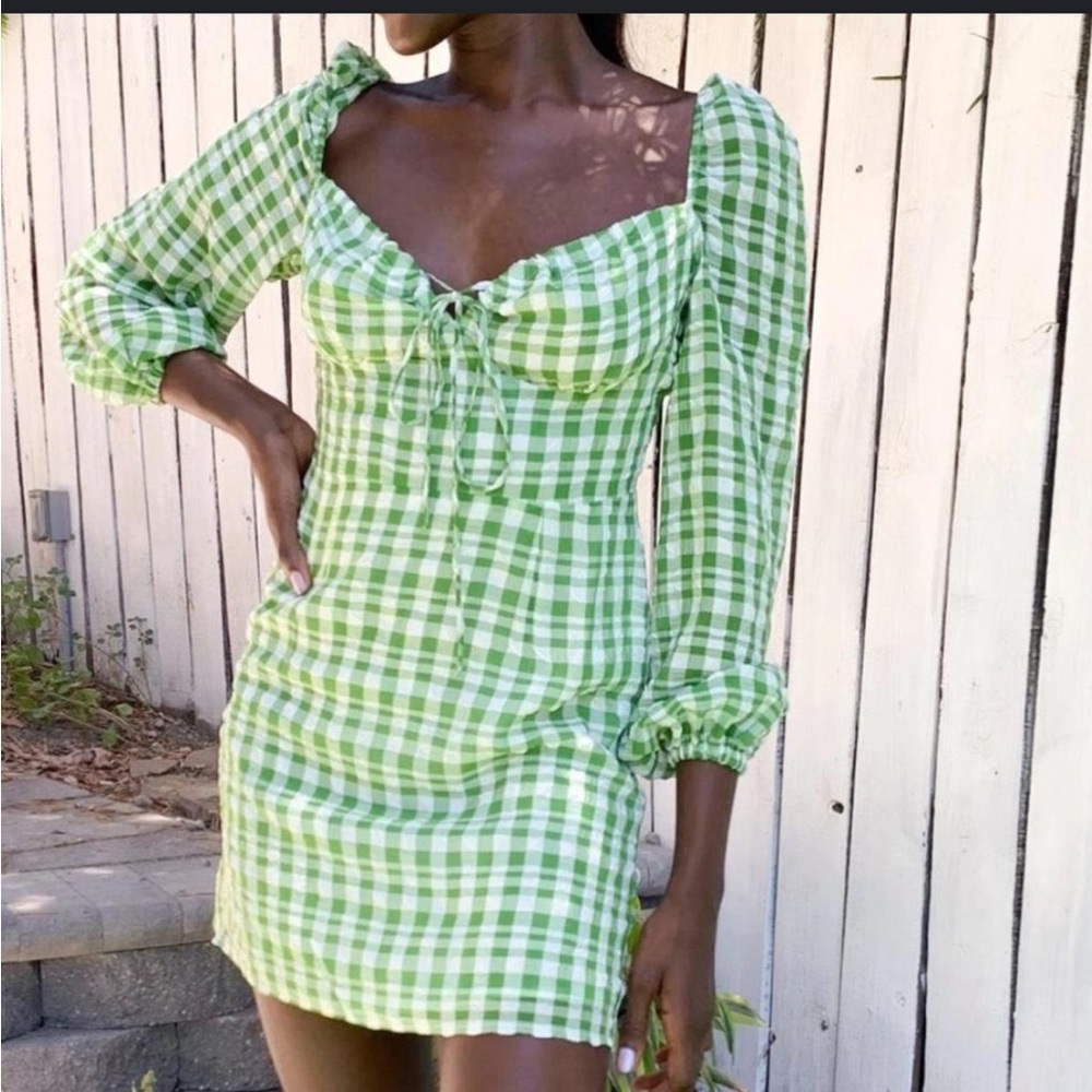Stradivarius Puff Sleeve Checkered Mini Dress